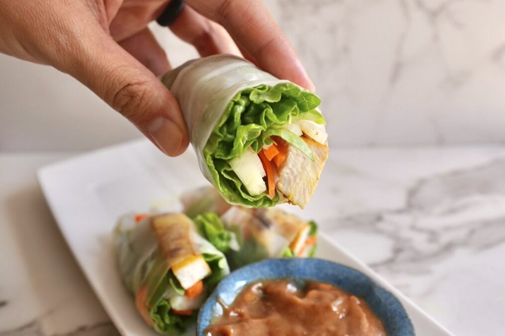 Veggie-Packed Spring Rolls with Coconut Curry Chicken