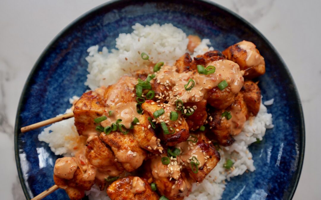Healthy Air Fryer Chicken Skewers with Bang Bang Sauce
