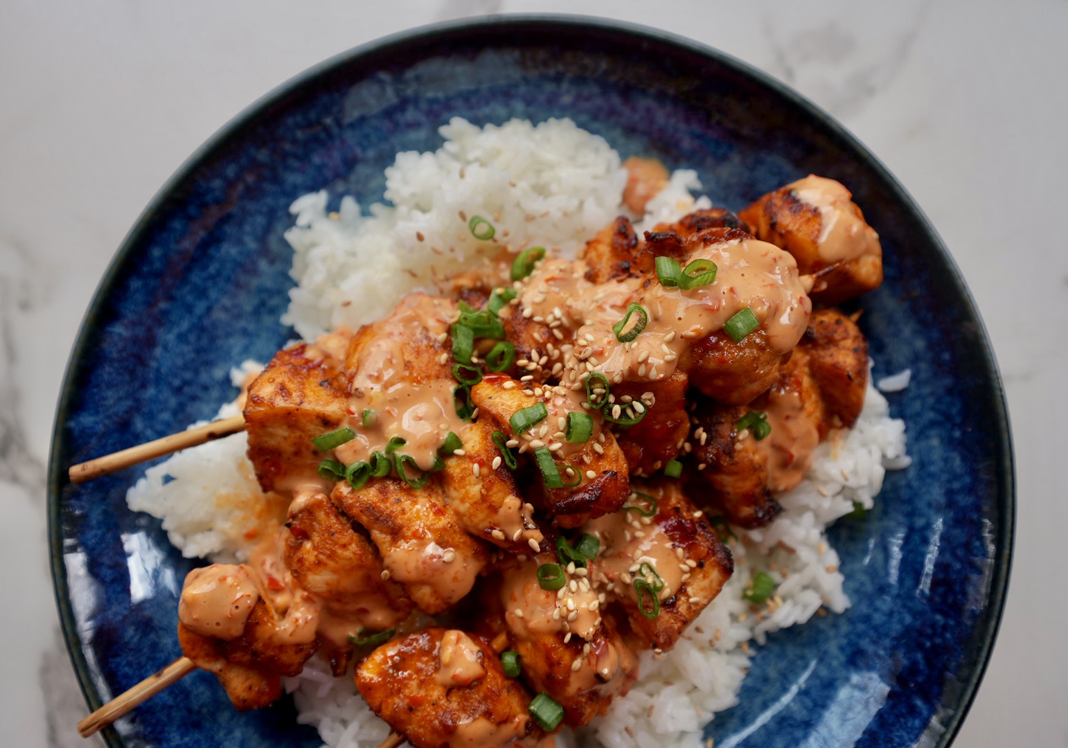 Healthy Air Fryer Chicken Skewers with Bang Bang Sauce