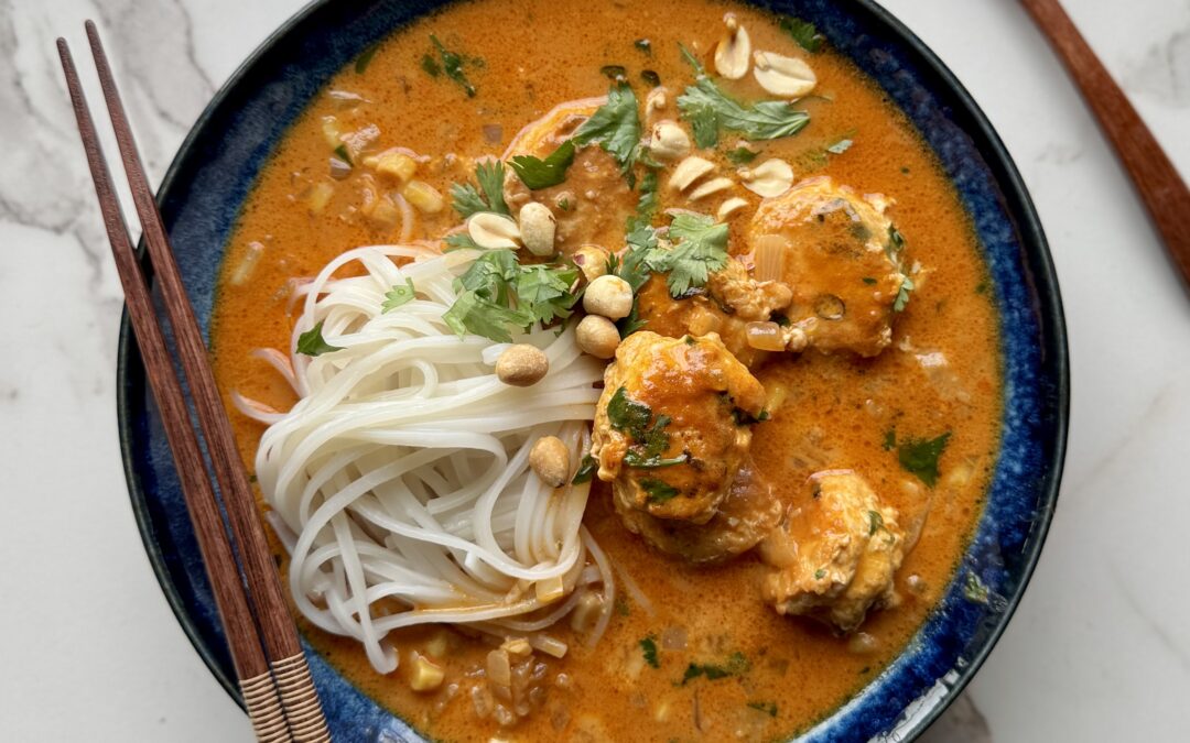 Creamy Peanut Coconut Red Curry with Chicken Meatballs
